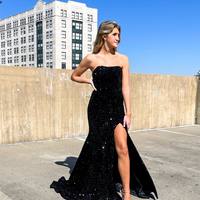 Gorgeous Mermaid Sweetheart Black Sequins Long Prom Evening Dresses with Side Slit - Thumbnail 1