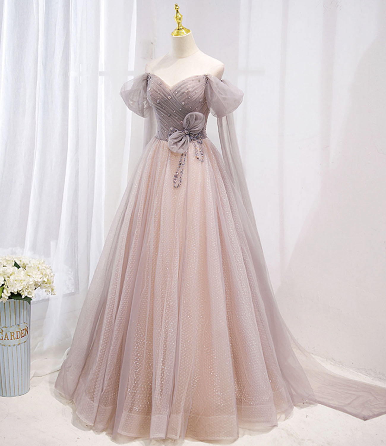 Pink tulle beads long prom dress A line evening gown