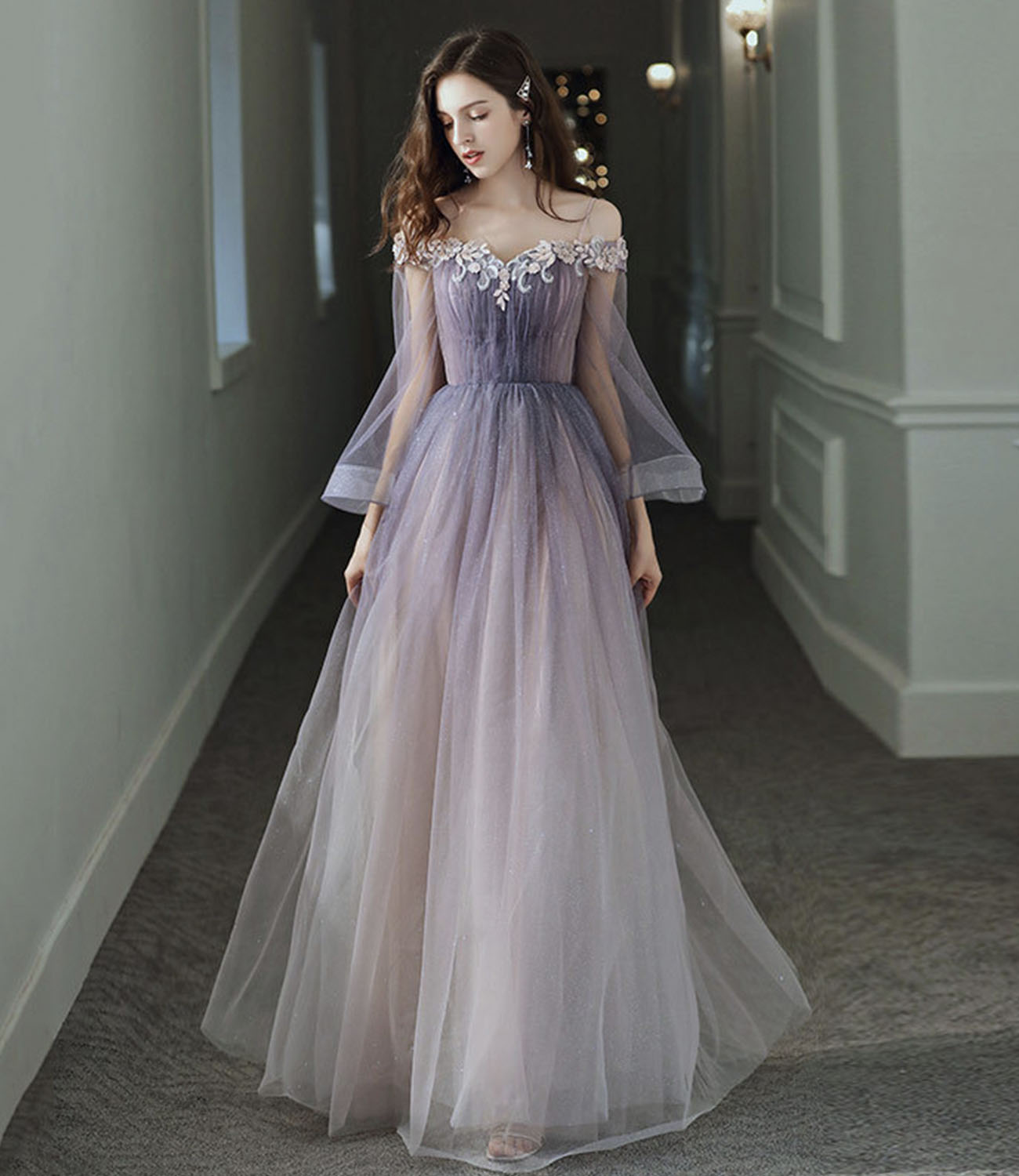 Purple tulle lace long prom dress A line evening dress