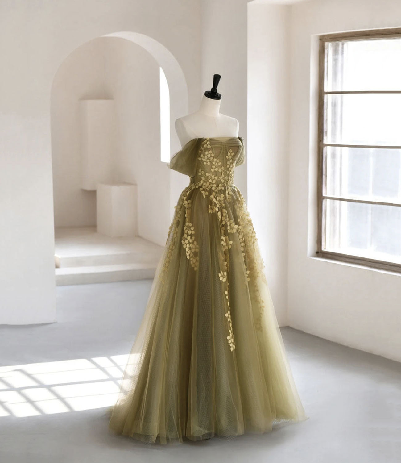 Green tulle lace long prom dress green evening dress