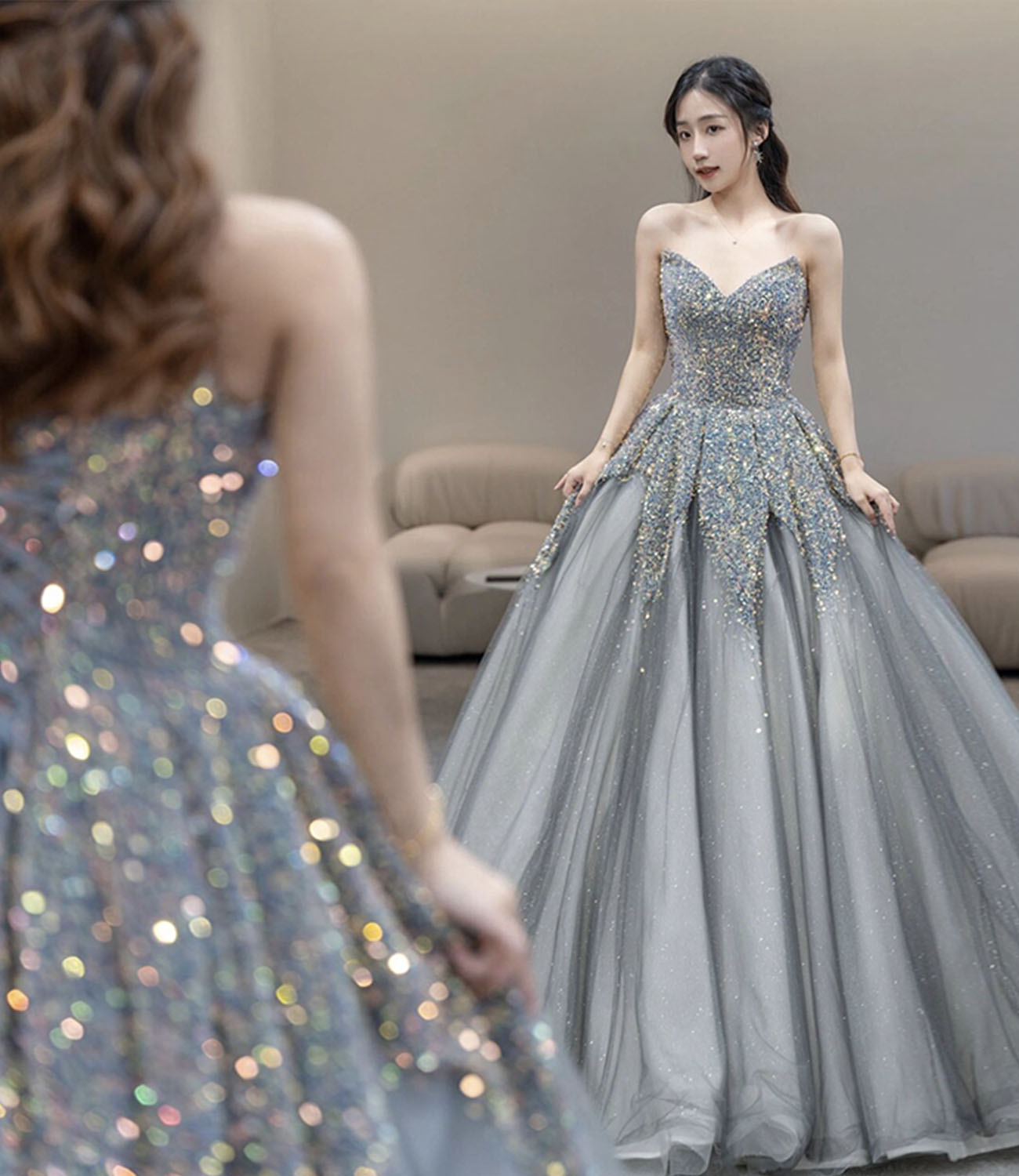 Gray tulle sequins long ball gown dress formal dress