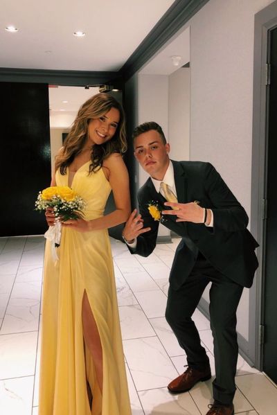 SP2025,Elegant V Neck A-Line Yellow Long Prom Dress with Slit