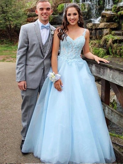 SP2031,Princess light blue lace top a-line tulle prom evening dresses