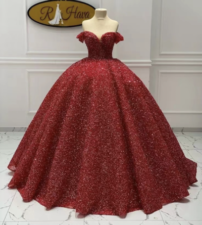 Sparkly Red Prom Dresses Ball Gown Off Shoulder