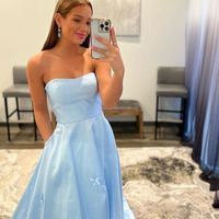 Cute Ball Gown Strapless Light Blue Satin Prom Dresses with 3D Flowers - Thumbnail 1