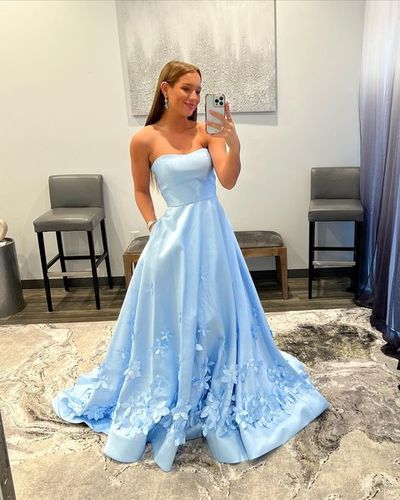 Cute Ball Gown Strapless Light Blue Satin Prom Dresses with 3D Flowers