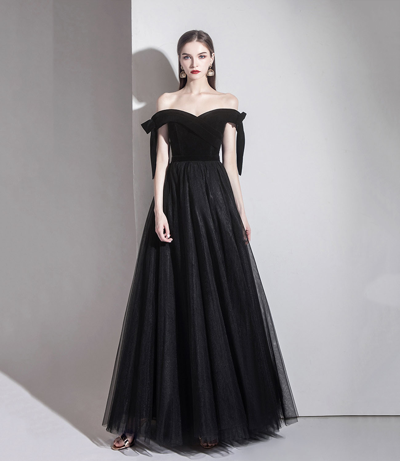 Black velvet tulle long prom dress black evening dress