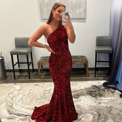 Mermaid one shoulder burgundy sequins long prom dresses, evening dresses - Thumbnail 1