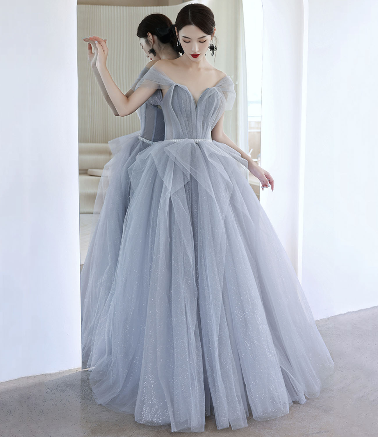 Blue tulle long prom dress blue evening dress