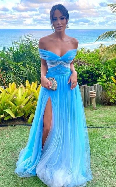 SP2040,Blue white off the shoulder pleated tulle prom evening dresses with side slit
