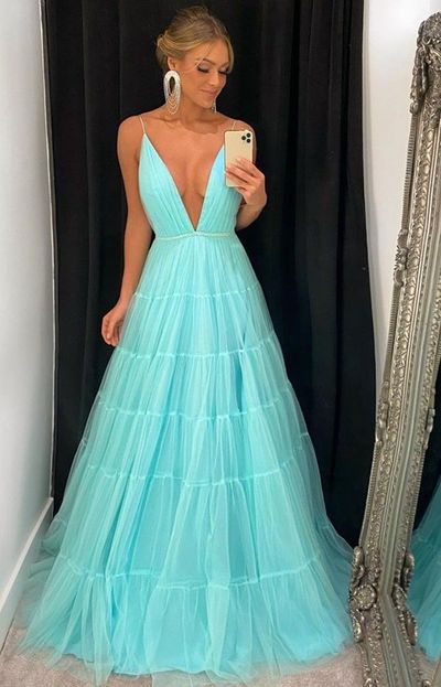 SP2041,Fairy A Line V Neck Spaghetti Straps Lake Blue Tulle Prom Dresses
