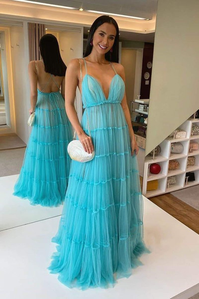 SP2051,A-line Spaghetti Straps V-neck Sky Blue Tulle Long Formal Evening Dress