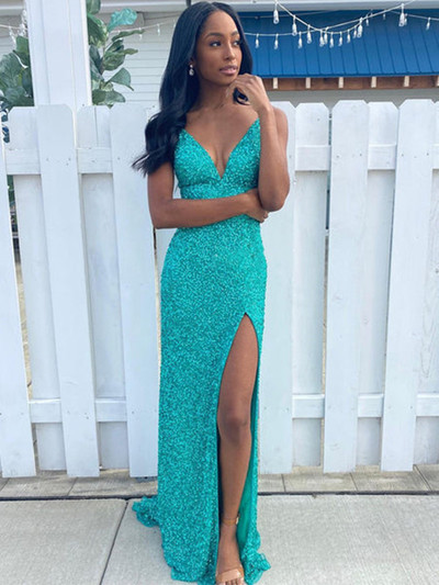 SP2042,Sexy V-neck Slit Mermaid Backless Sequin Gorgeous Prom Dresses