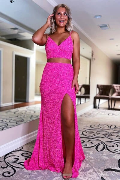 SP2046,Two Piece Neon Pink Sequins Mermaid Prom Dress