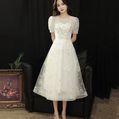 White tulle sequins long prom dress white evening dress - Thumbnail 4