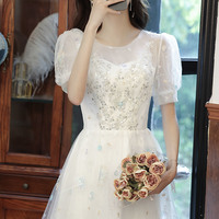 White tulle sequins long prom dress white evening dress - Thumbnail 1