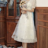 White tulle sequins long prom dress white evening dress - Thumbnail 4