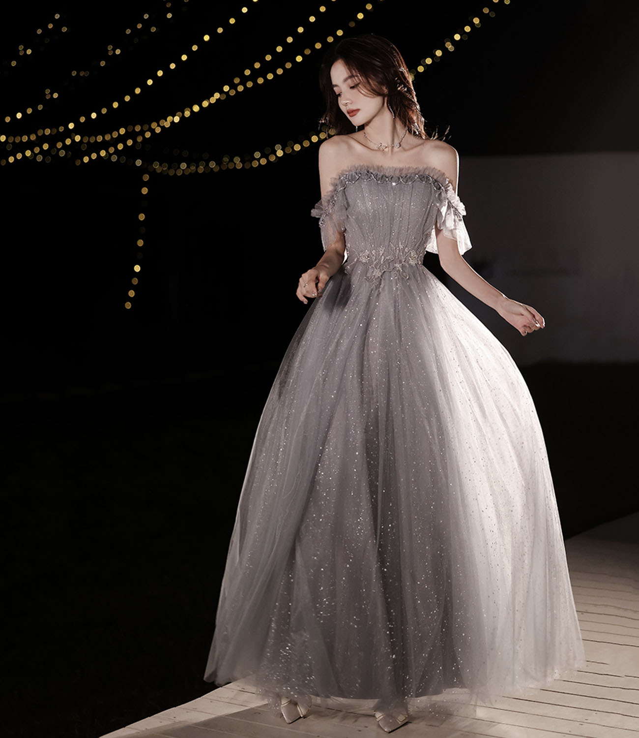 Gray tulle sequins long prom dress A line evening dress