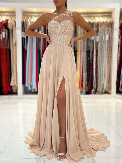 Elegant A-Line One Shoulder Champagne Chiffon Long Prom Dresses with Lace Appliques