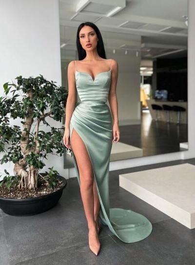 A Line Sweetheart Mermaid Sage Green Satin Prom Dress with Slit