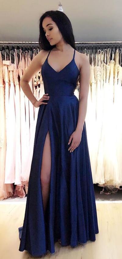 Simple Open Back Navy Blue Satin Long Prom Dresses,Evening Party Dresses
