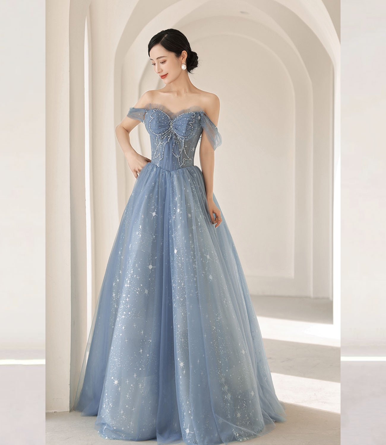 Blue tulle beads long prom dress blue evening dress