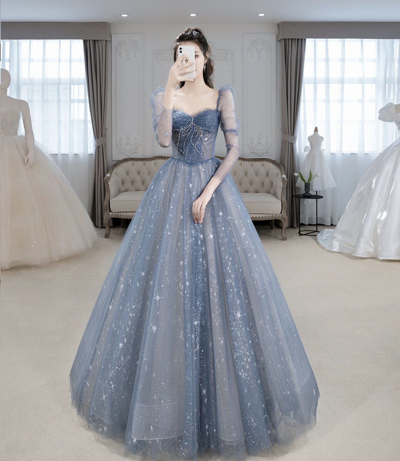 Blue tulle beads long prom dress blue evening dress