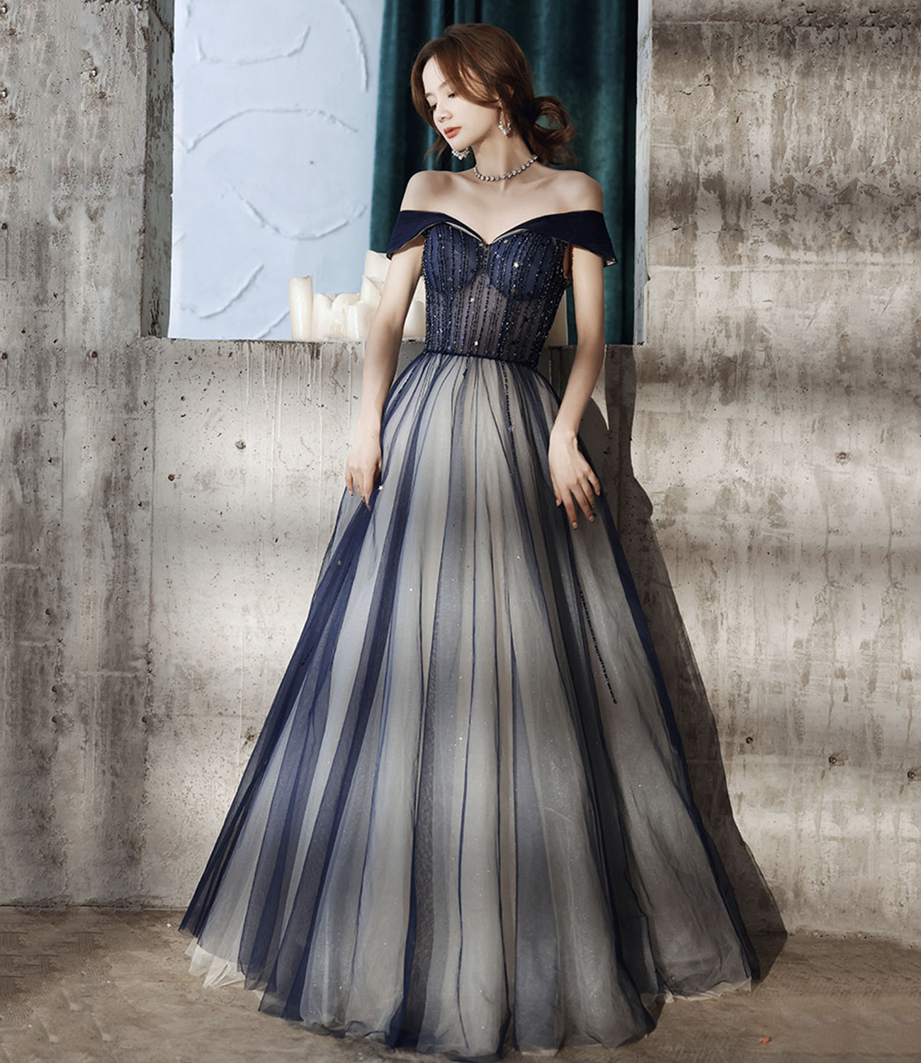 Blue tulle beads long prom dress A line evening dress