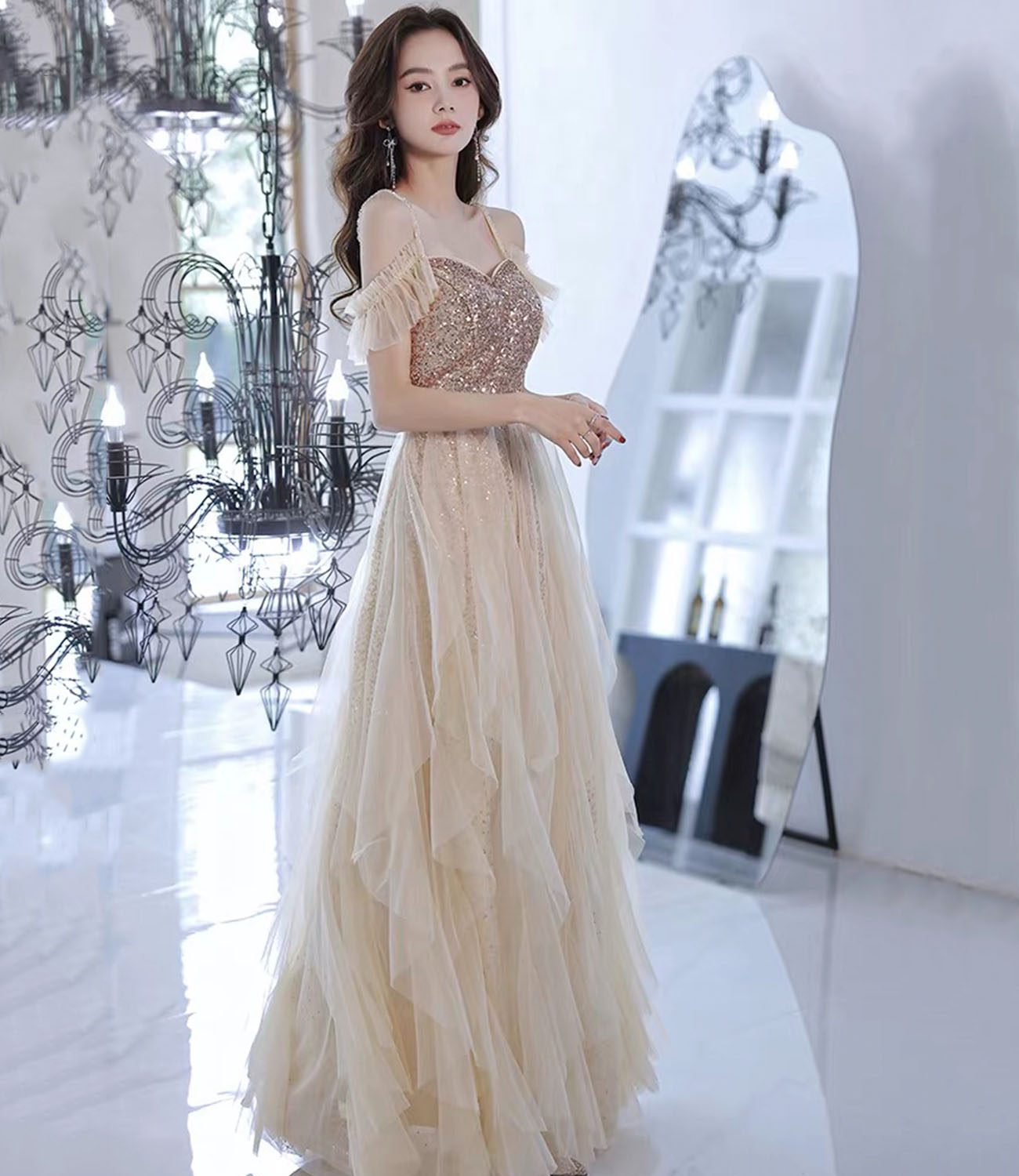 Cute tulle sequins long prom dress A line evening dress