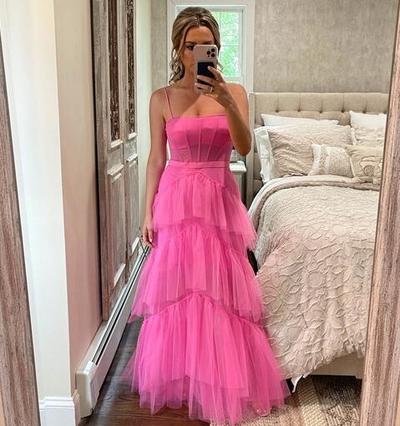 Simple Hot Pink Tiered Tulle Long Prom Dress
