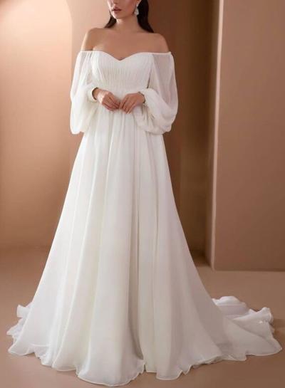 Beauty Off the Shoulder A-Line Long Sleeve Chiffon Beach Wedding Dresses