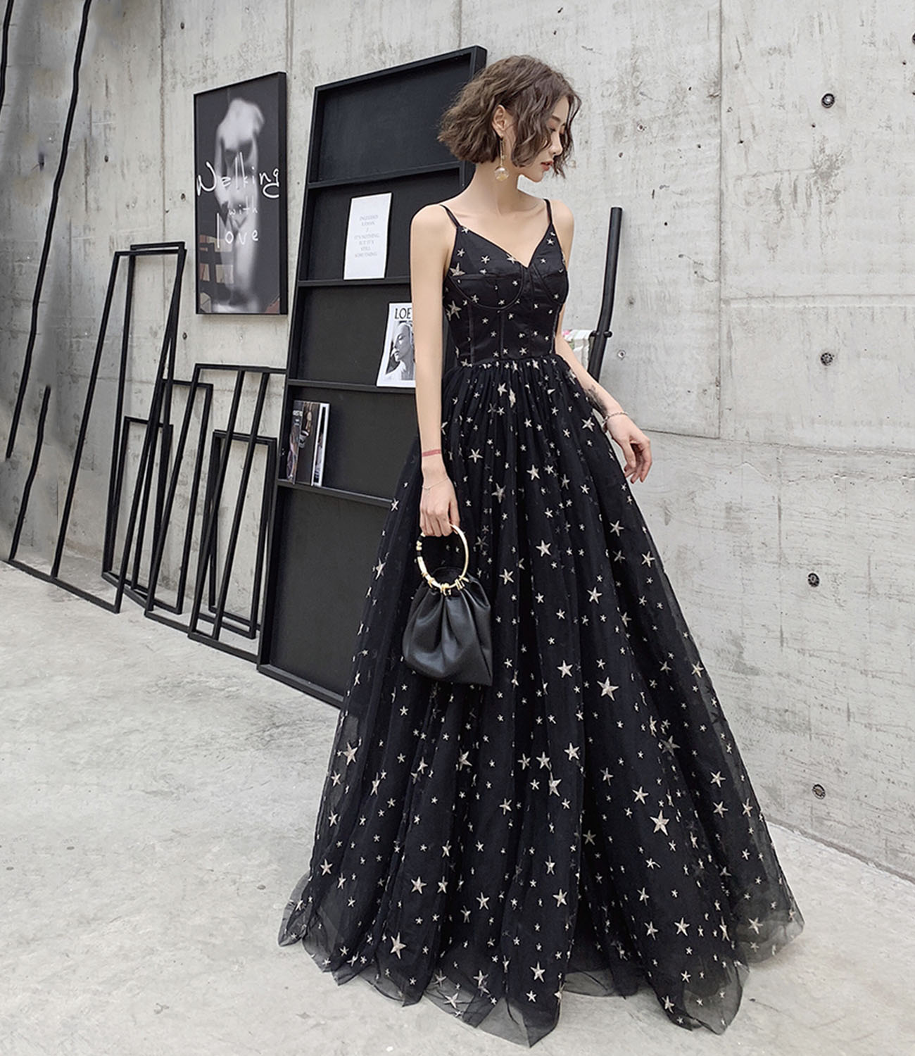 Black tulle long A line prom dress with star