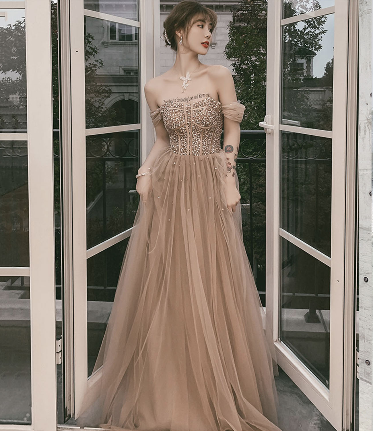 Cute tulle sequins long prom dress A line evening dress