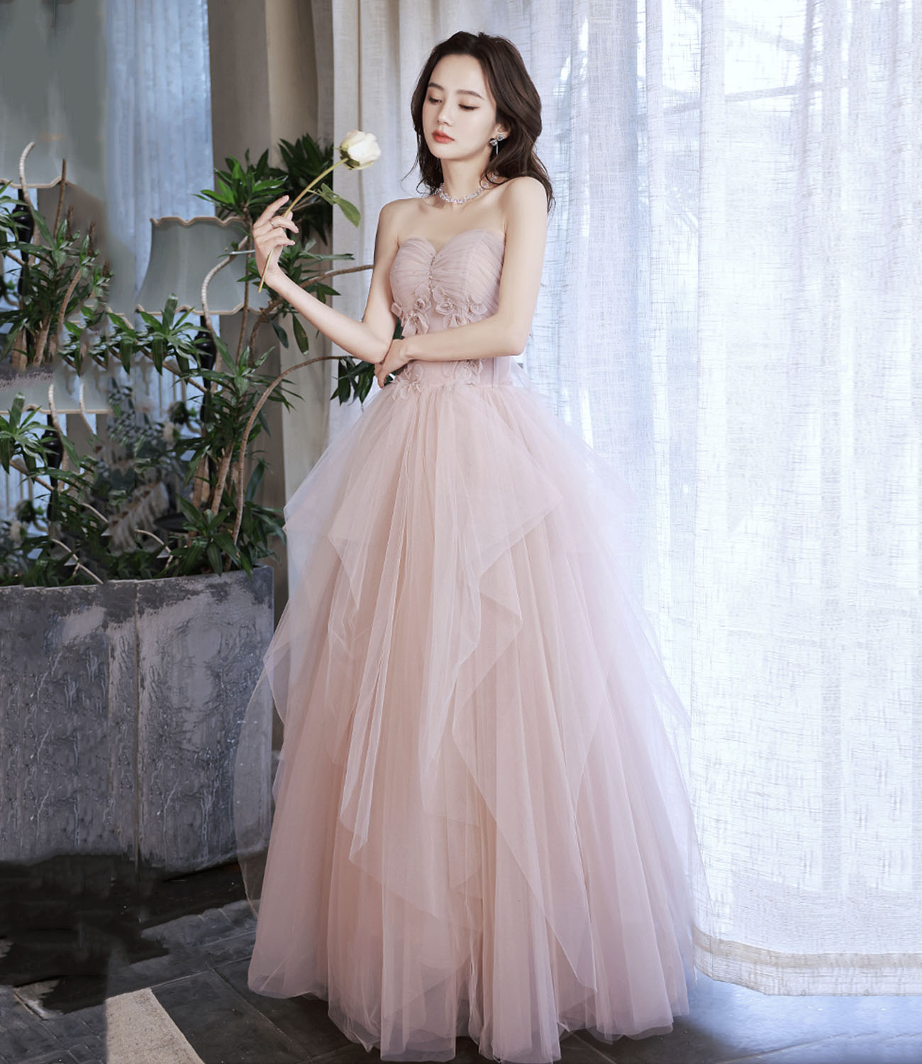 Pink tulle long prom dress pink evening dress