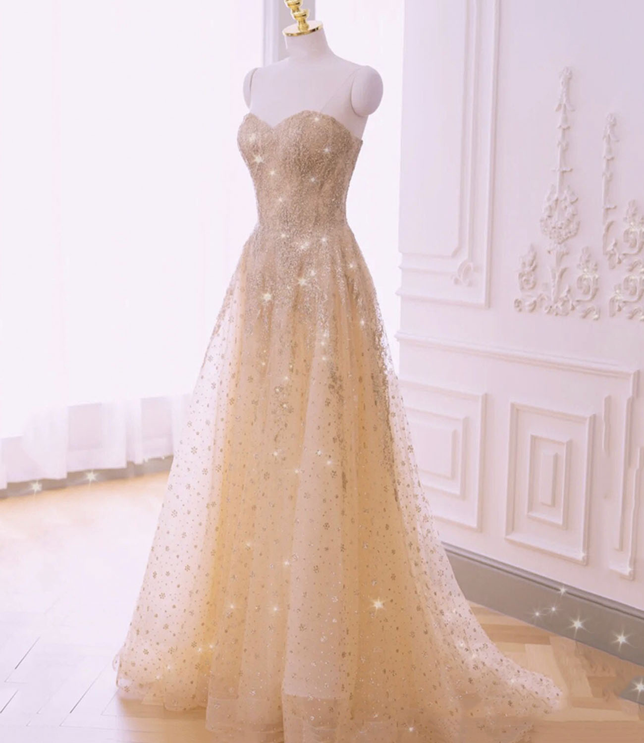 Champagne tulle sequins long prom dress evening dress