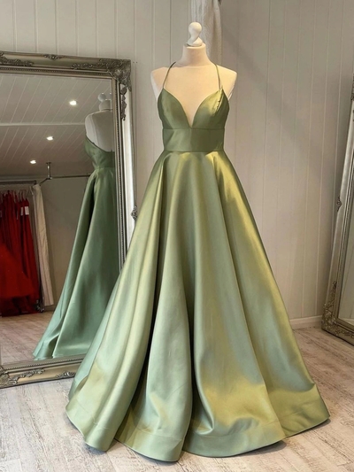 Simple A-Line Halter Sage Green Satin Long Prom Evening Dresses