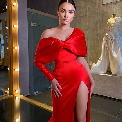 Charming mermaid off the shoulder long sleeve red satin long prom dresses with slit - Thumbnail 3
