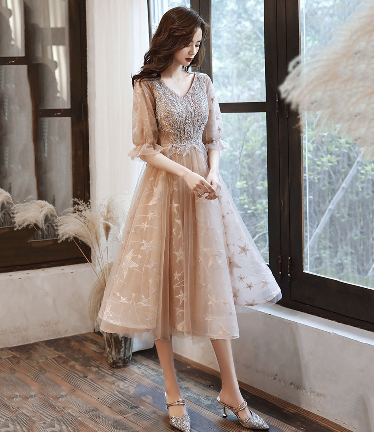 Champagne tulle short A line prom dress party dress