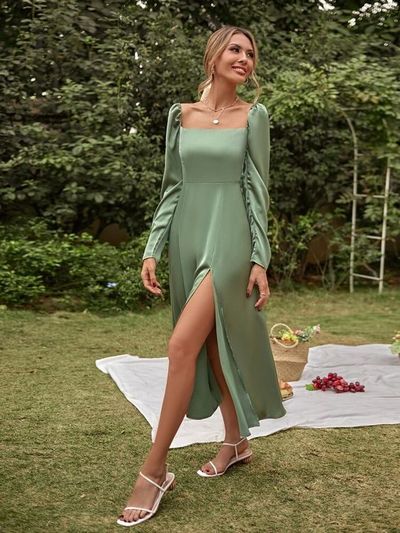 Beautiful A-Line Square Neck Long Sleeve Sage Green Prom Dresses Bridesmaid Dresses