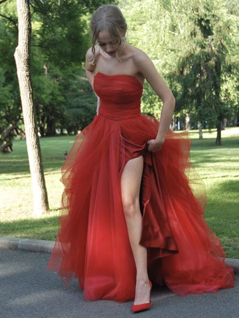Red tulle long A line prom dress red evening dress