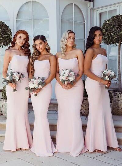 Strapless Light Pink Satin Long Bridesmaid Dresses