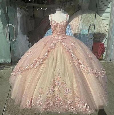 Ball Gown Pink Sparkly Quinceanera Prom Dresses Lace Flower Sweet 16 Dress
