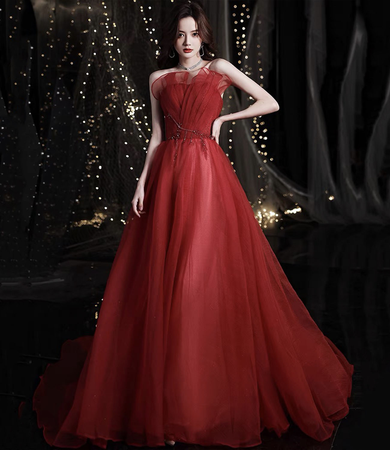 Red tulle beads long prom dress red evening dress