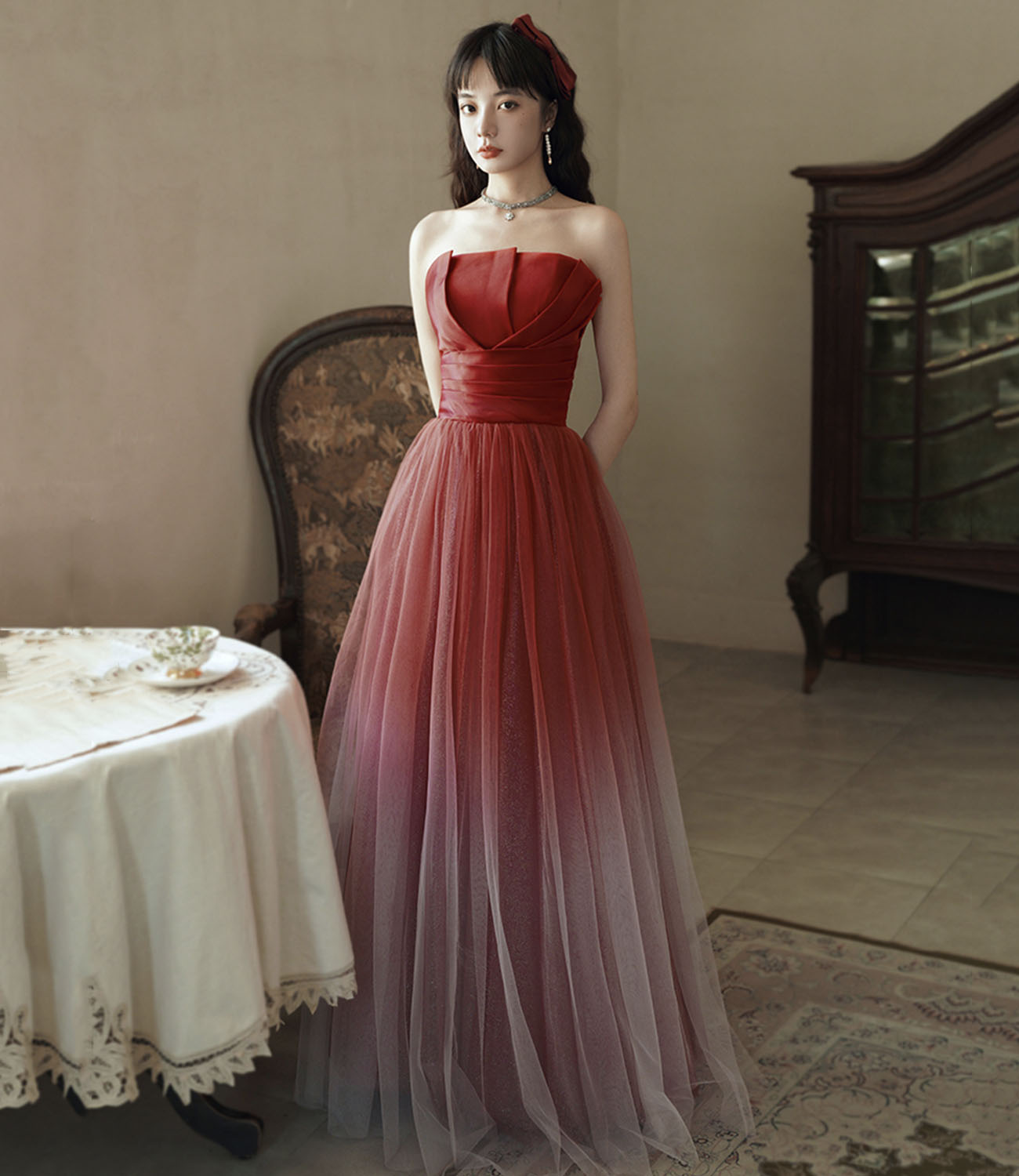 Burgundy Gradient Tulle Long Prom Dress Evening Dress