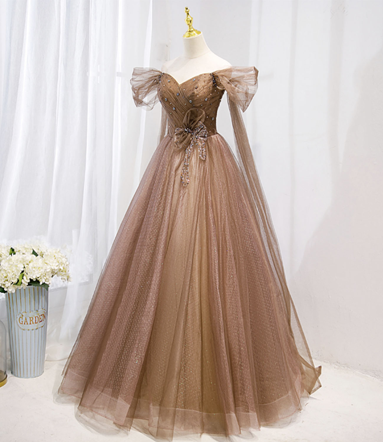 Stylish tulle beads long prom dress A line evening gown