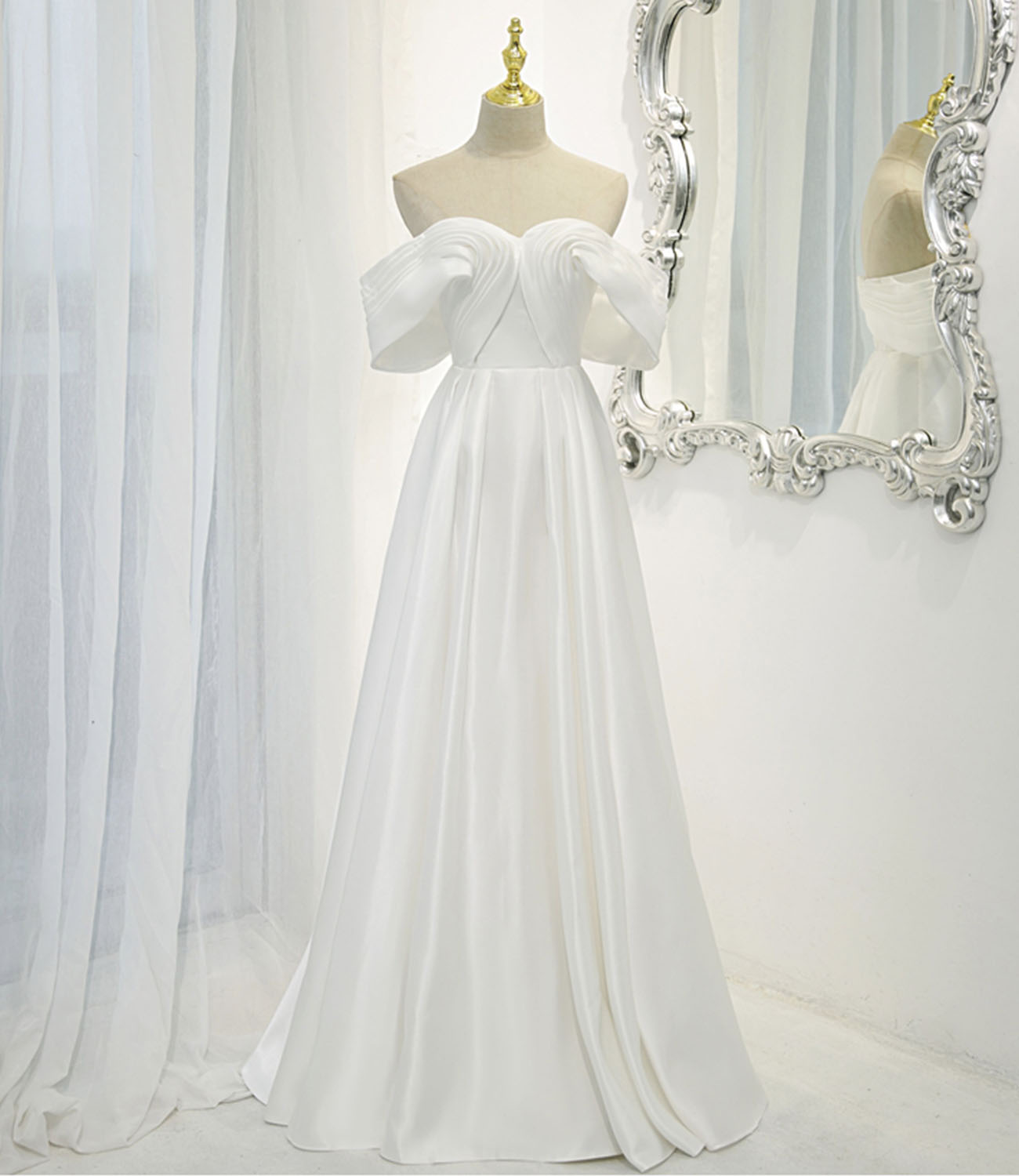White satin long prom dress white evening dress