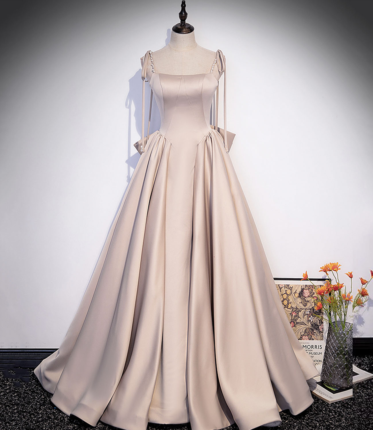 Pink satin long prom dress pink evening dress