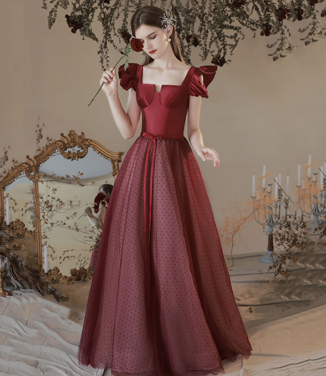 Burgundy satin tulle long prom dress A line evening dress