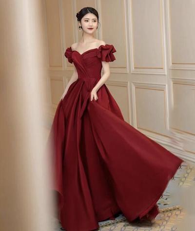 A line burgundy satin long prom dress evening dress