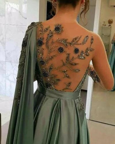 Floor Length Scoop Neckline One Shoulder Stain Evening Dresses with Beading